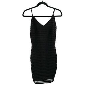 OLIVE TREE Black Bodycon Sheer Stripe Spaghetti Strap Stretch Mini Dress Large